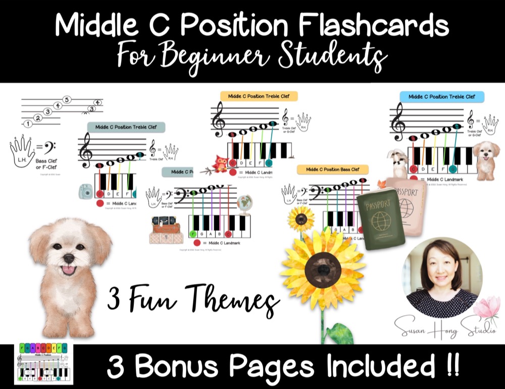 Beginner middle c flashcards set with bonus pages