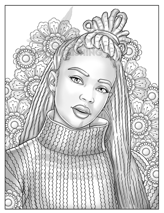 Printable adult coloring page beautiful black woman grayscale portrait download illustration printable jpg file instant download