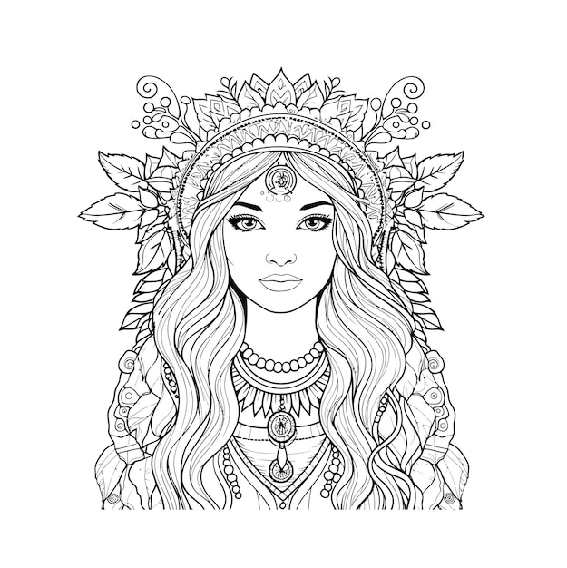 Premium vector boho style hippie only one girl coloring page for adults