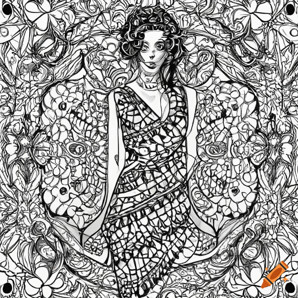 Detailed coloring page of a woman in a dress on