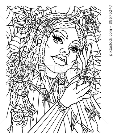 Afro american woman with spider adult coloring