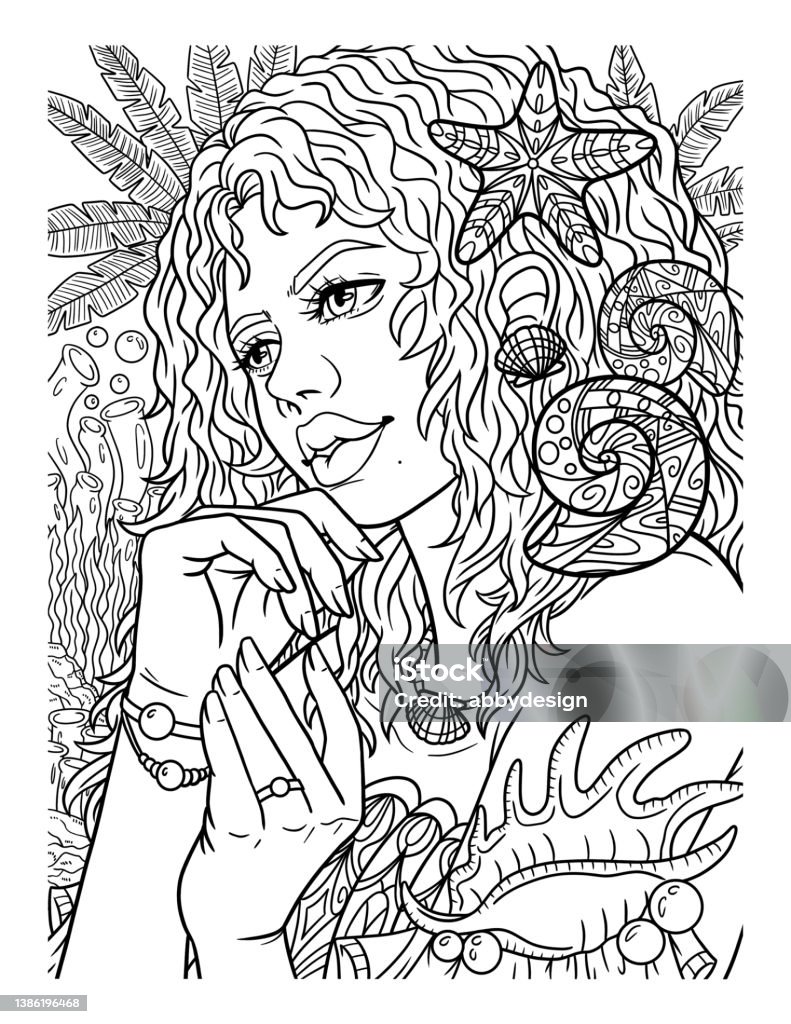 Afro american mermaid adult coloring page stock illustration