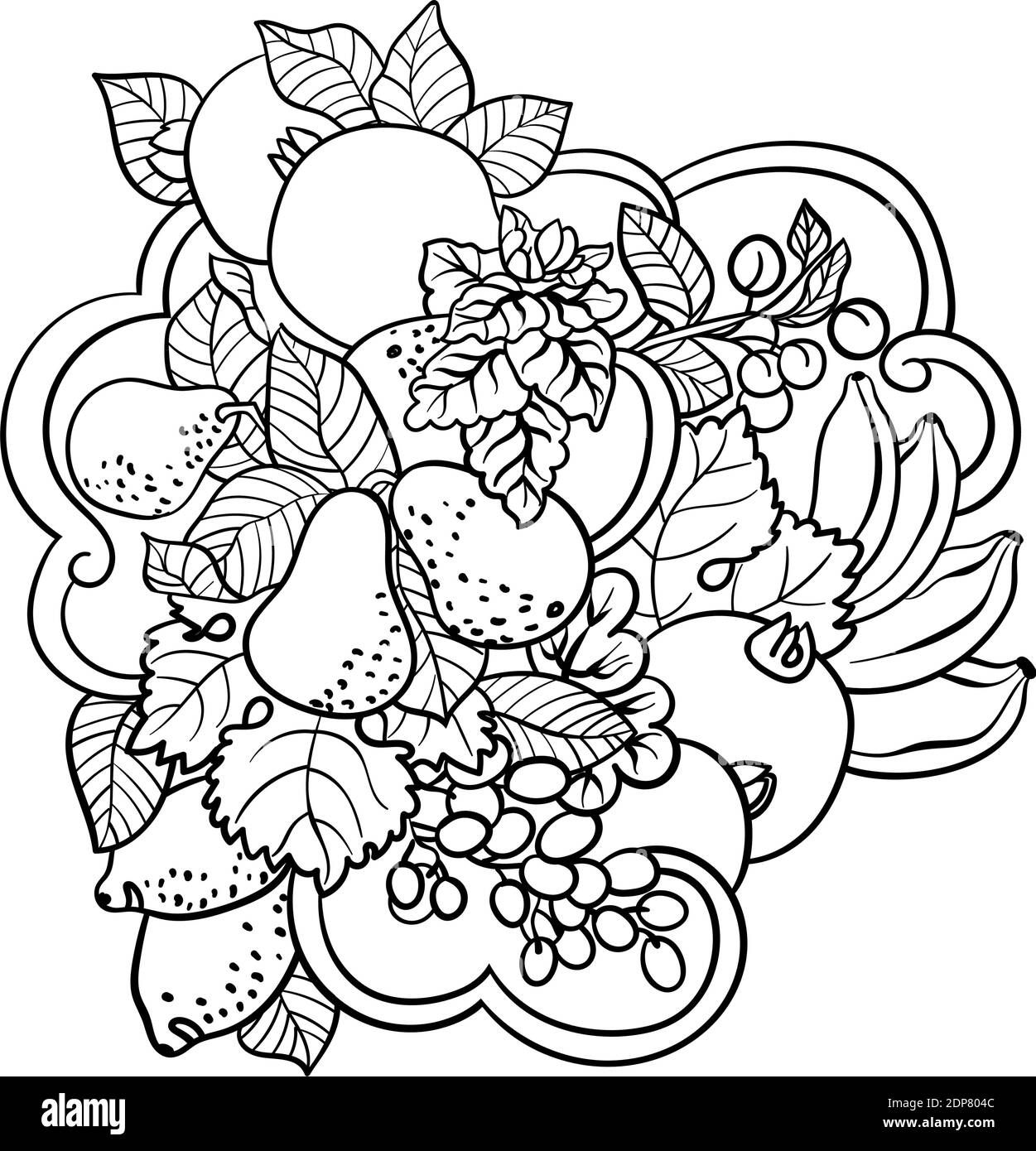 Coloring pages with fruits and abstract waves for children and adult people made in vector ornament style with a lot of elements stock vector image art