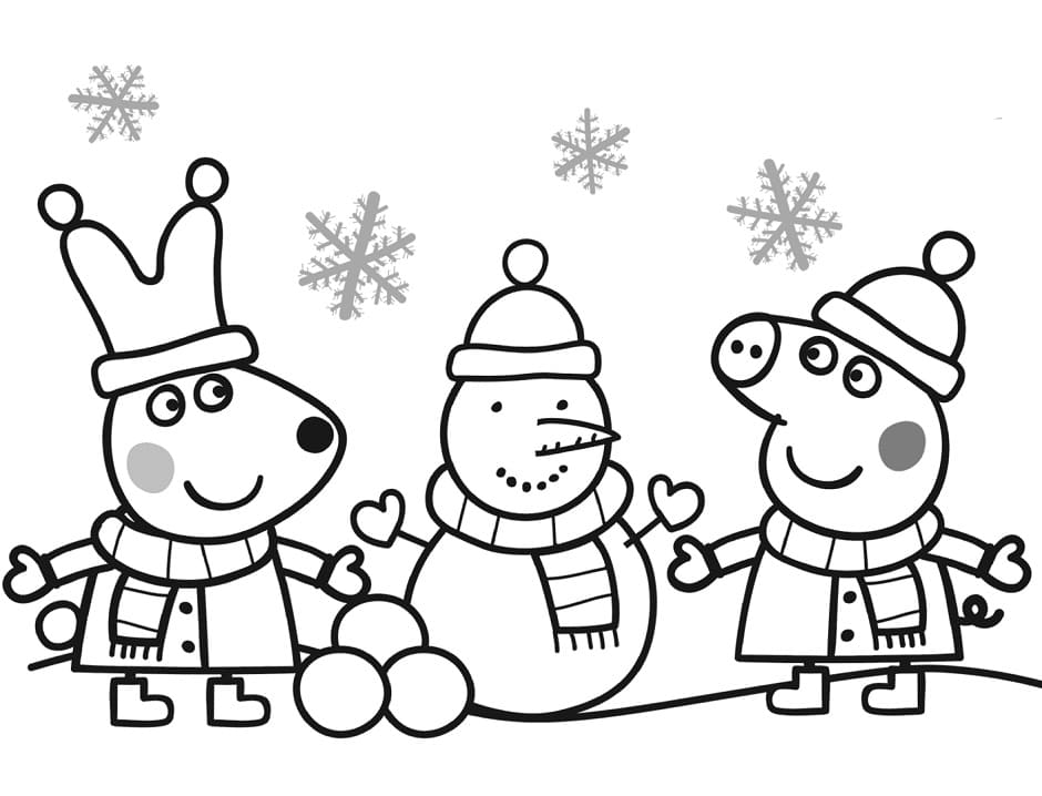 Peppa pig and snowman coloring page