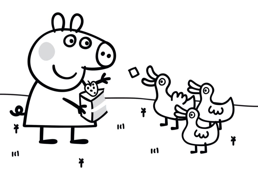 Peppa pig and ducks coloring page