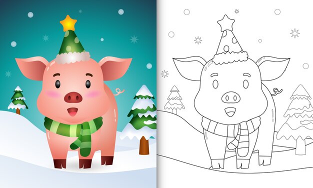 Premium vector coloring book with a cute pig christmas characters collection with a hat and scarf