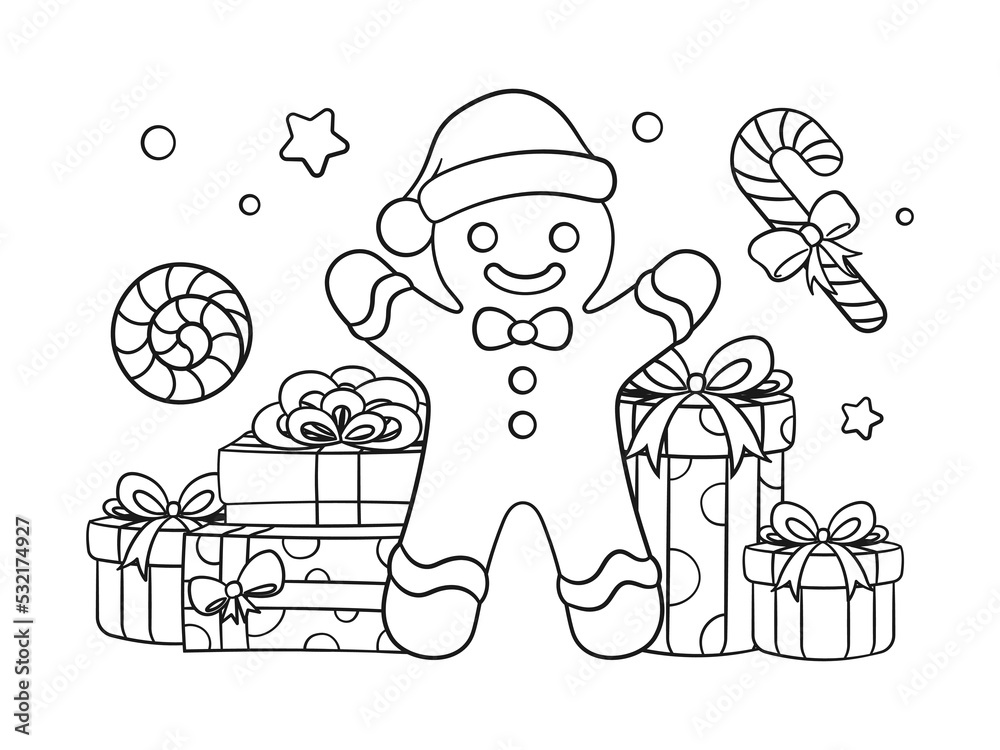 Gingerbread man with gift boxes and peppermint candy cane outline line art doodle cartoon illustration winter christmas theme coloring book page activity for kids and adults vector