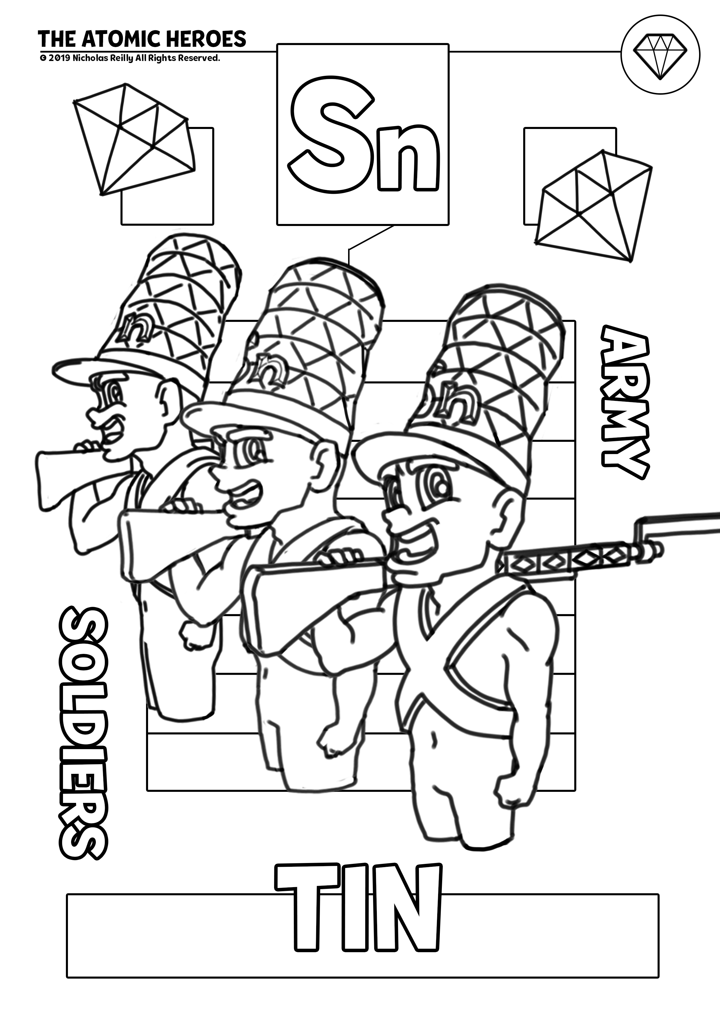 Atomic heroes coloringpages based on periodic table