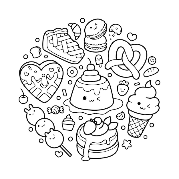 Premium vector sweet desserts hand drawn doodle elements coloring page illustration