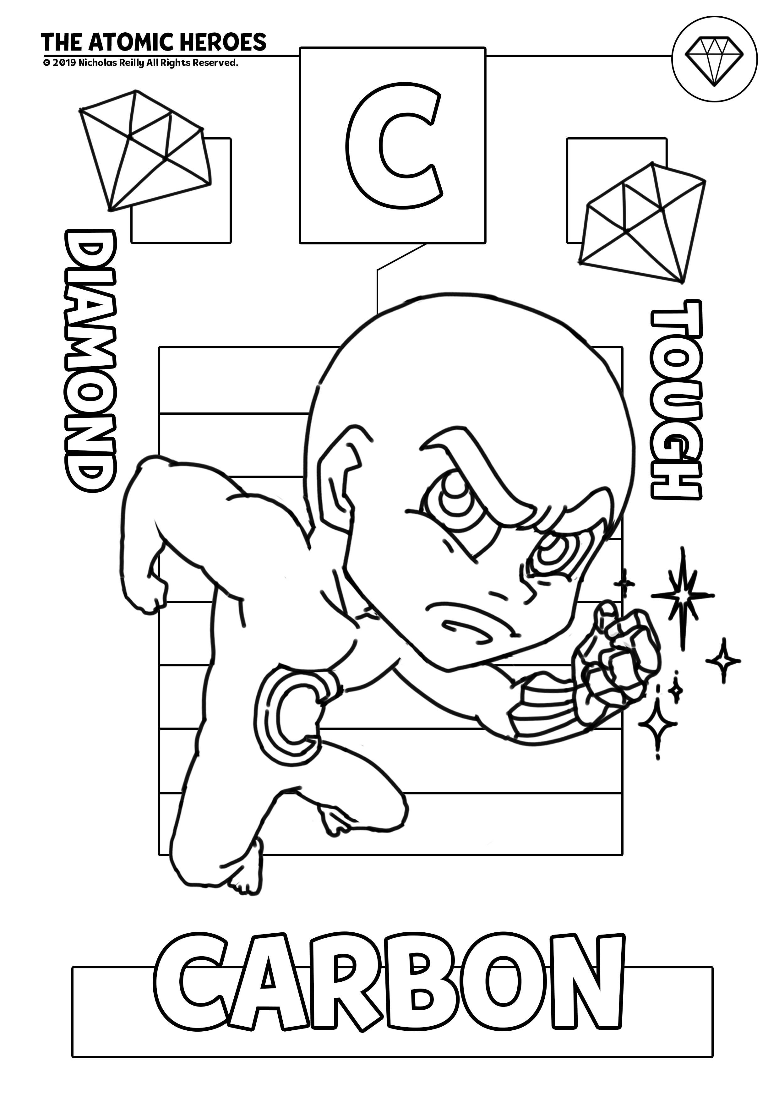 Atomic heroes coloringpages based on periodic table