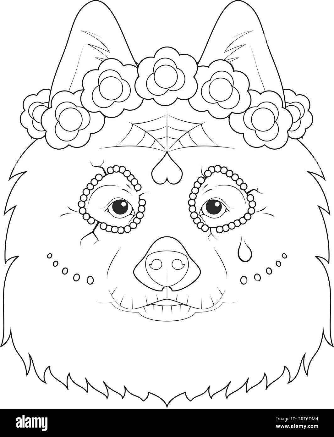 Tarjeta de felicitaciãn de halloween para colorear perro samoyedo vtido de calavera mexicana con flor rojas en la cabeza imagen vector de stock