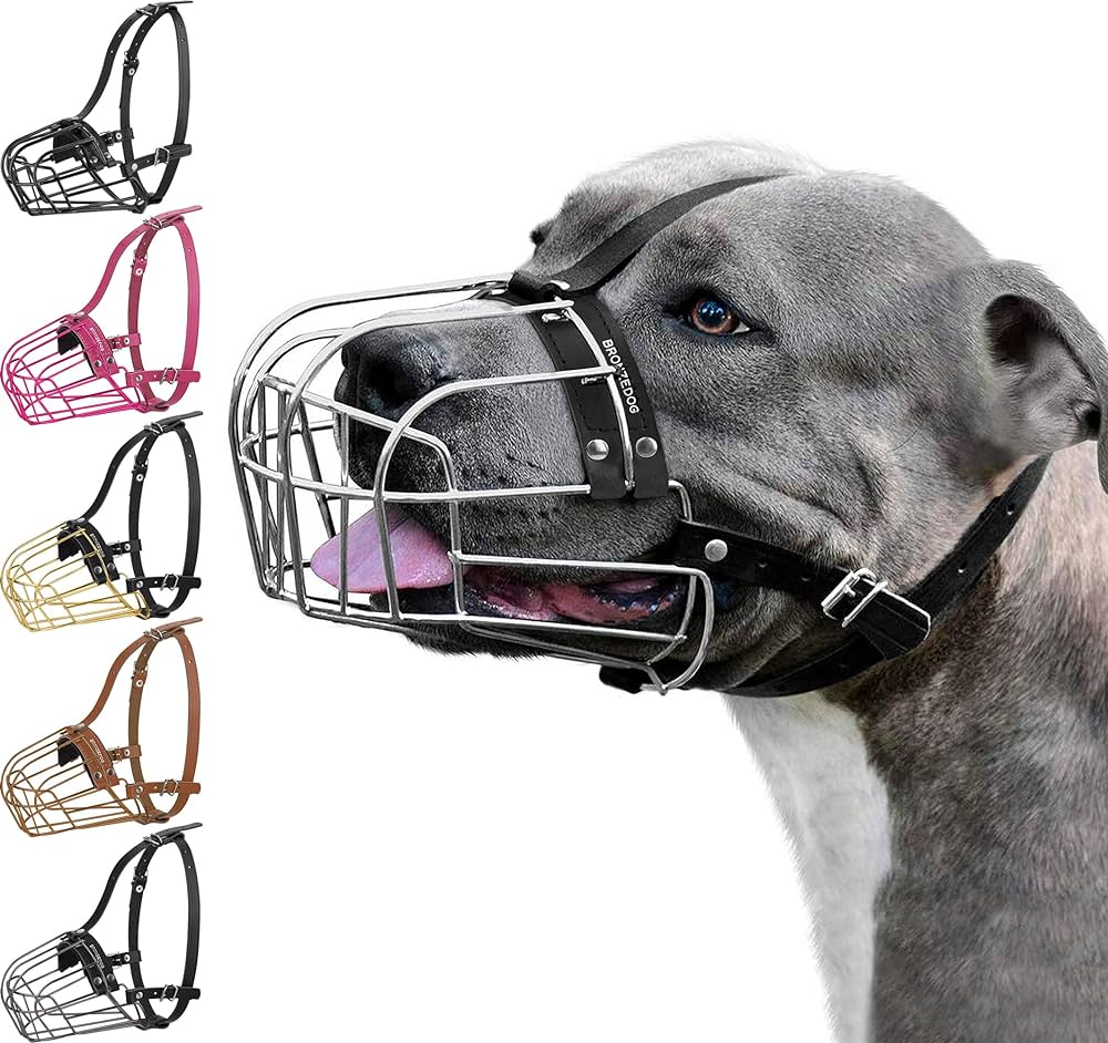 Bronzedog pitbull dog muzzle metal mask amstaff wire basket pit bull adjustable leather straps for large dogs steel pet supplies