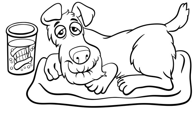 Premium vector cartoon senior dog with dentures in a glass coloring page