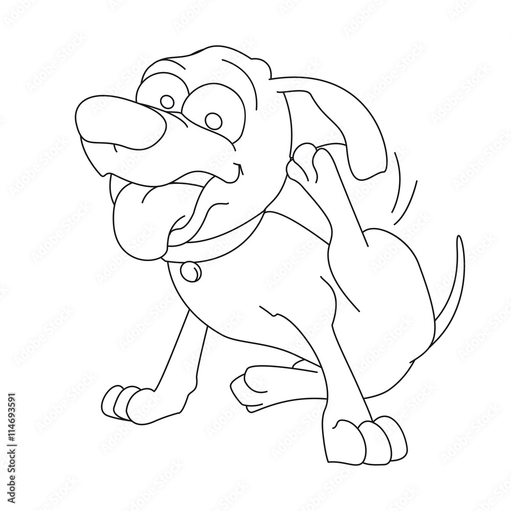 Dog than scratches his ear for coloring book page vector illustration for children in black and white to be colored on paper with brushes or pastels vector de