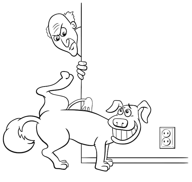 Premium vector cartoon dog peeing at home and his angry owner coloring page