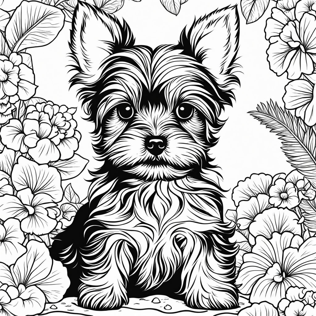 Black and white coloring book outline drawing of a puppy