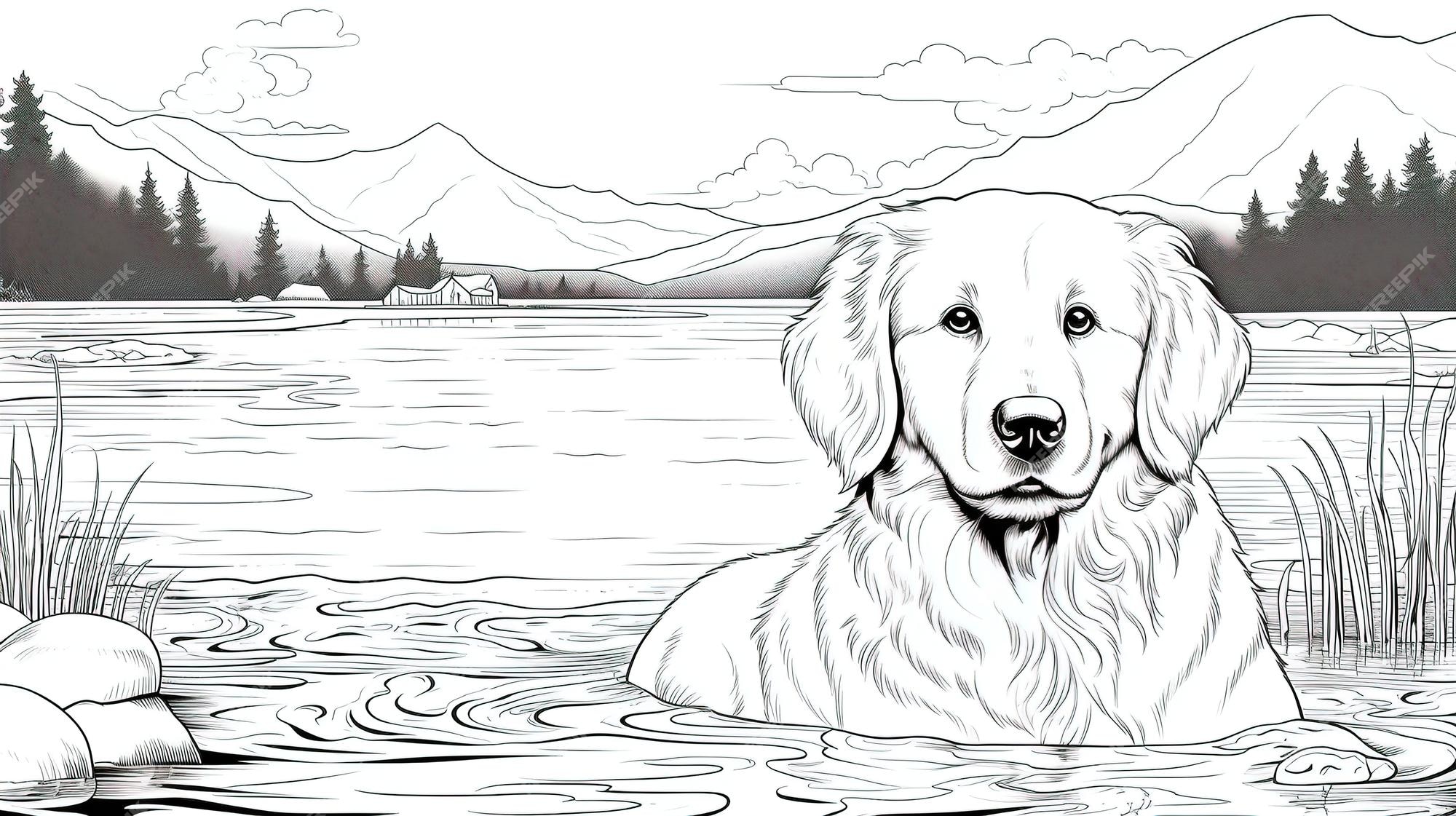 Libro de color para niãos golden retriever en un lago vector premium