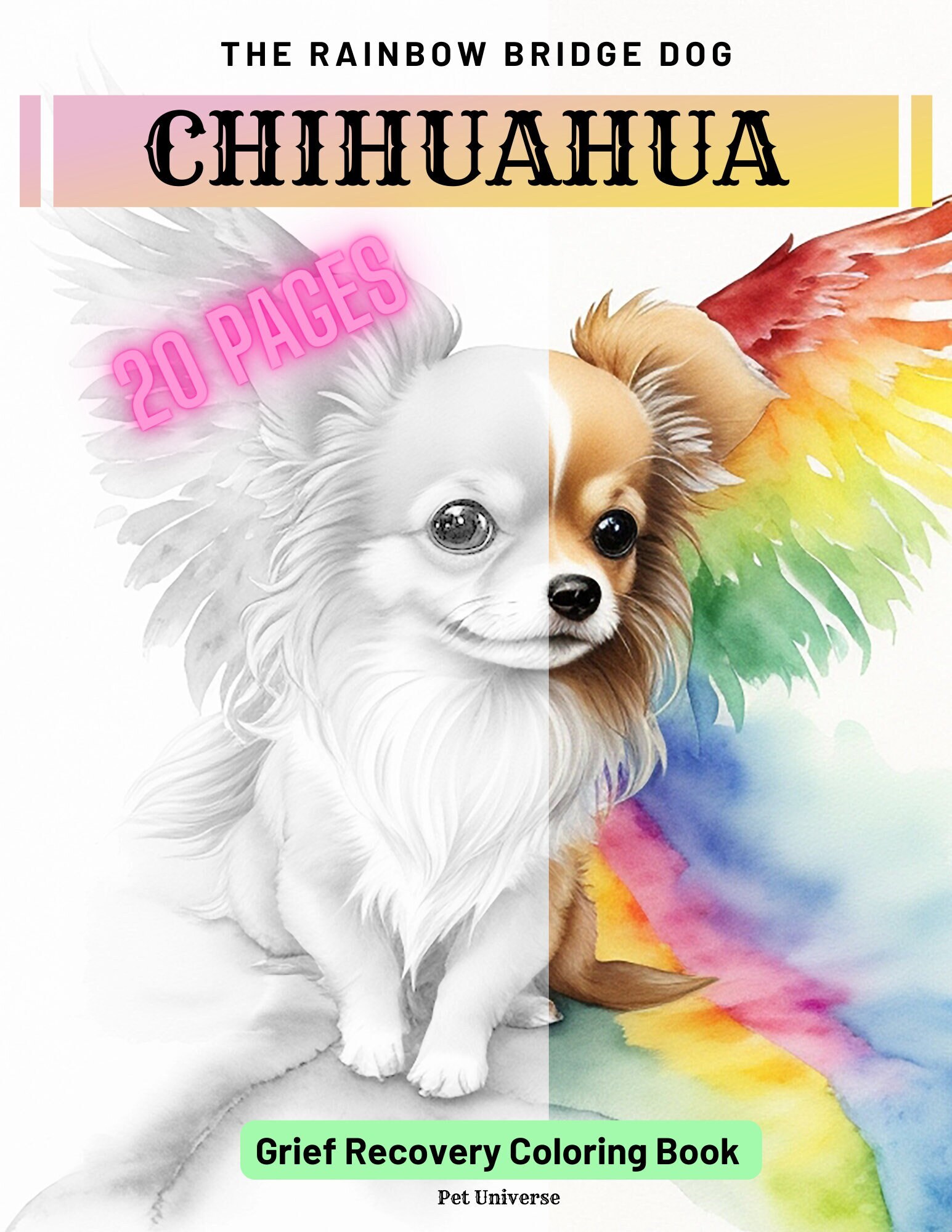 Libro para colorear chihuahua perro puente arco iris regalo de pãrdida de perro libros para colorear para adultos escala de grises acuarela descarga digital arte chihuahua