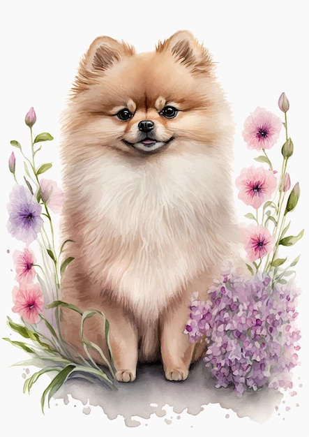 Perro pomerania con una ilustraciãn a todo color de acuarela vector premium