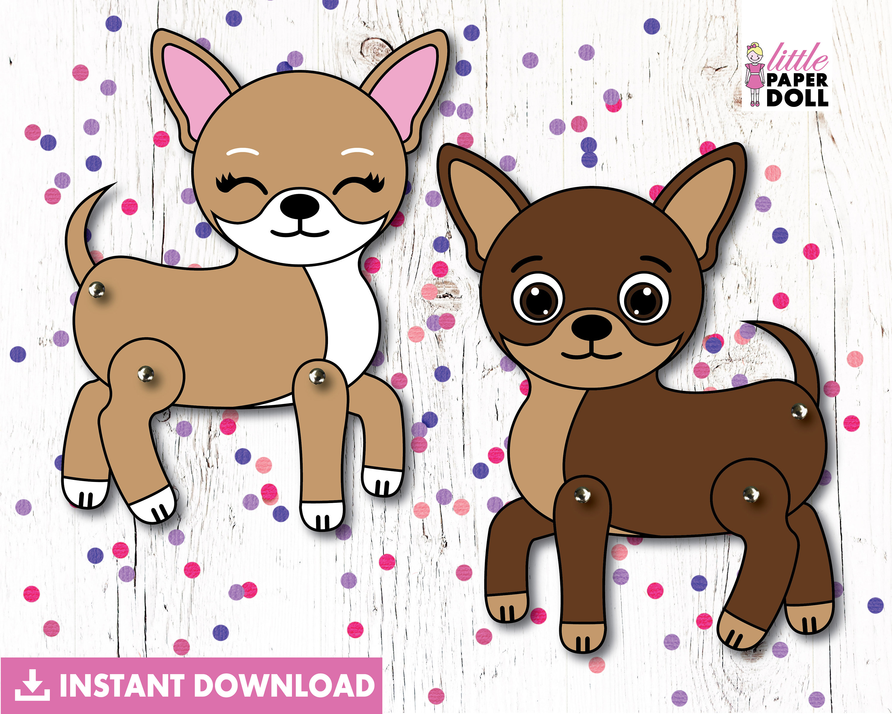 Dog paper doll instant download printable puppy dog coloring page dog birthday party activity kids craft boy chihuahua girl chihuahua