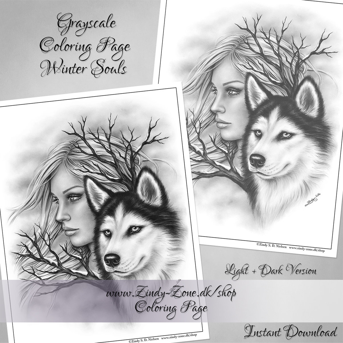 Grayscale coloring page winter souls woman wolf husky dog animal branch zindy nielsen