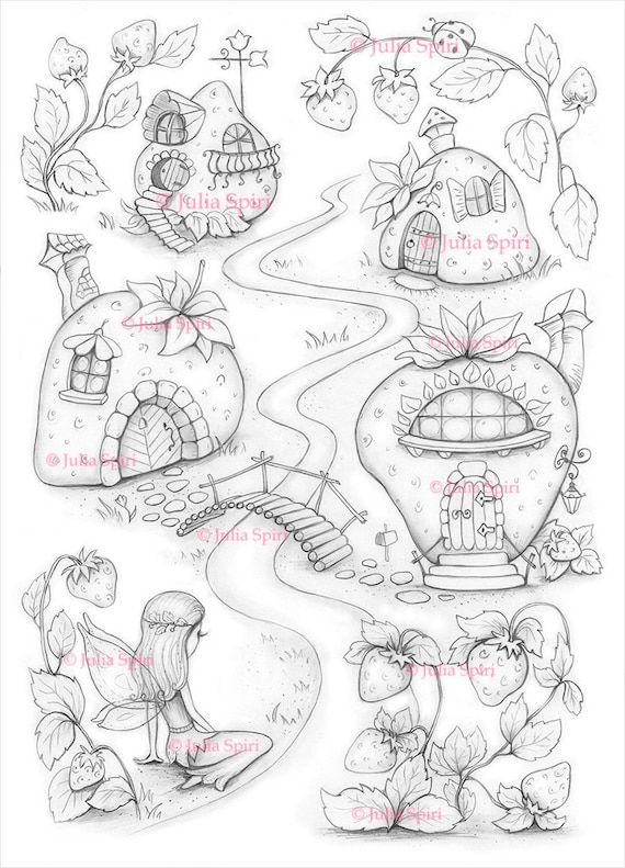 Strawberries coloring pages digital stamp digi house home fairy village wild strawberry crafting craft strawberry houses valley