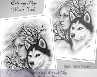 Grayscale coloring page winter souls woman wolf husky dog animal branch zindy nielsen