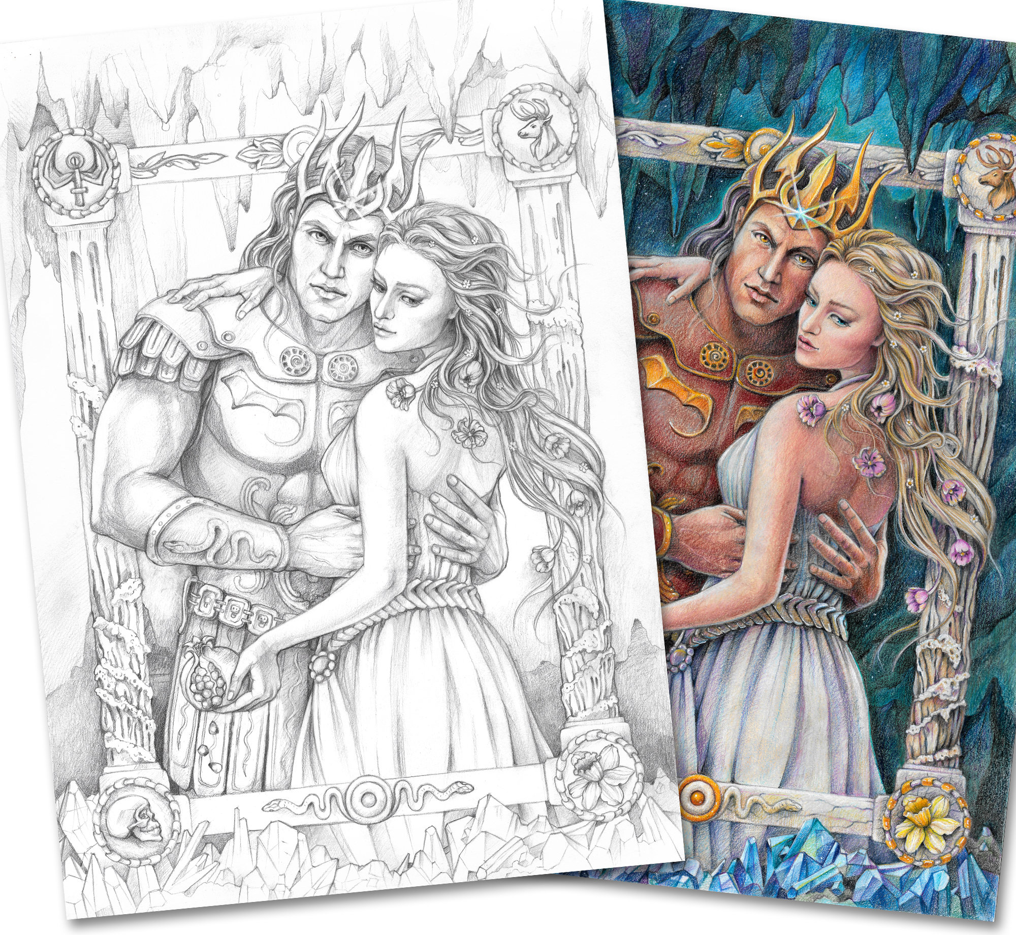 Adult coloring page of grayscale hades and persephone pdf printable digital download