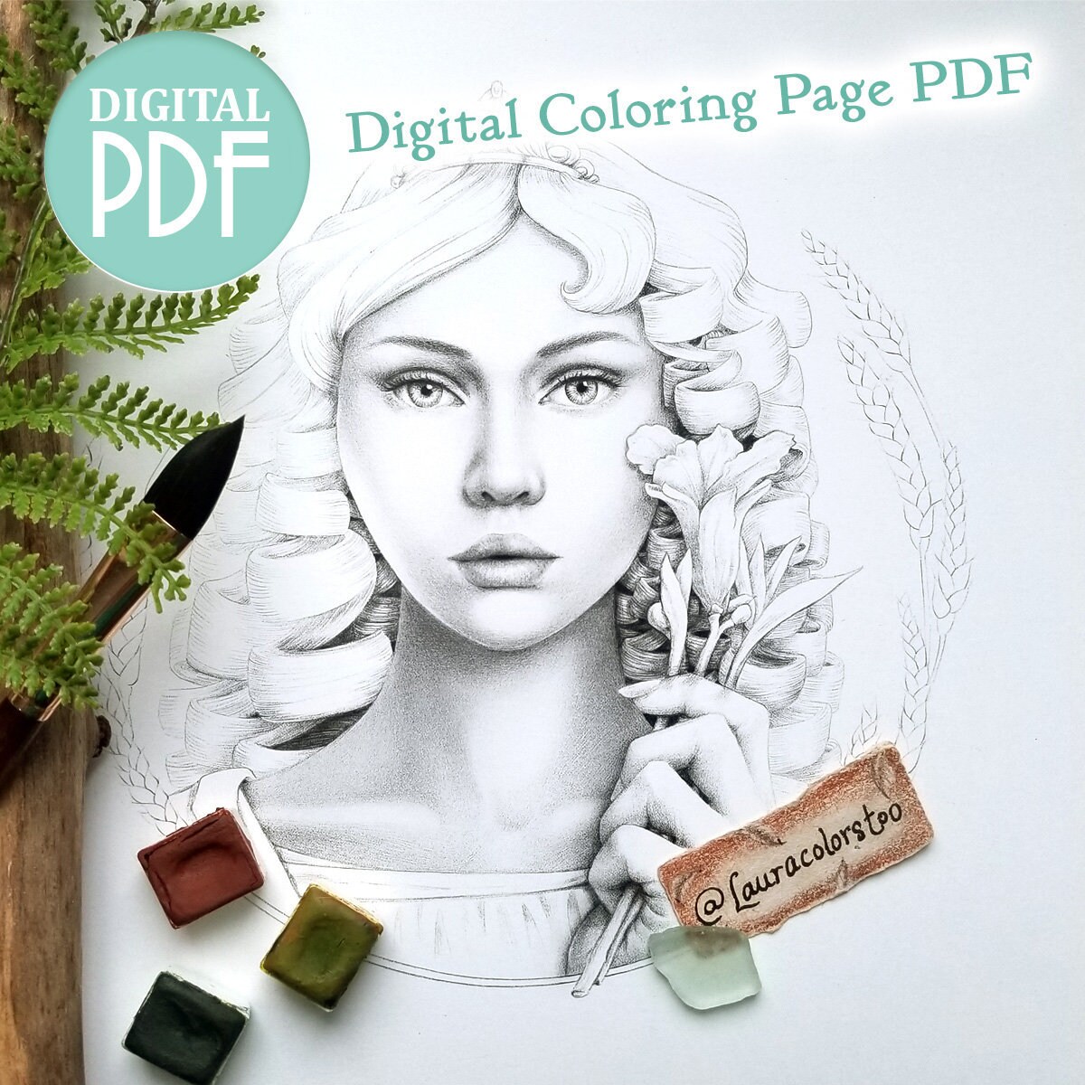 Persephone greek mythology coloring page greyscale and lineart coloring page options digital download pdf printable digital stamp instant download