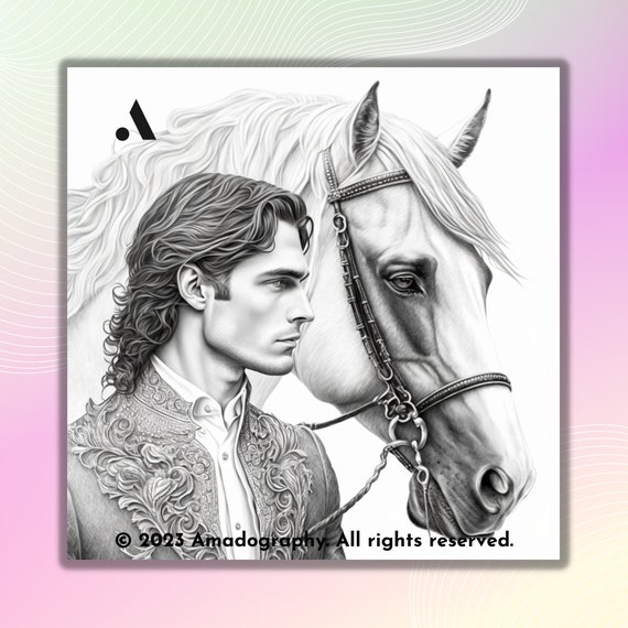 Beautiful prince and his horse art coloring page printable adult coloring pages book download light dark greyscale illustration