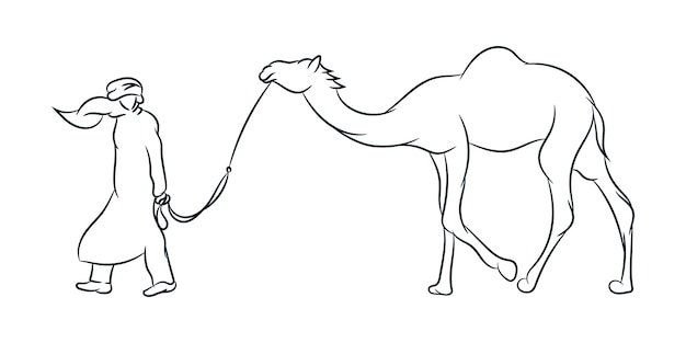 Premium vector arab man walking with camel hand drawn vector line art illustration