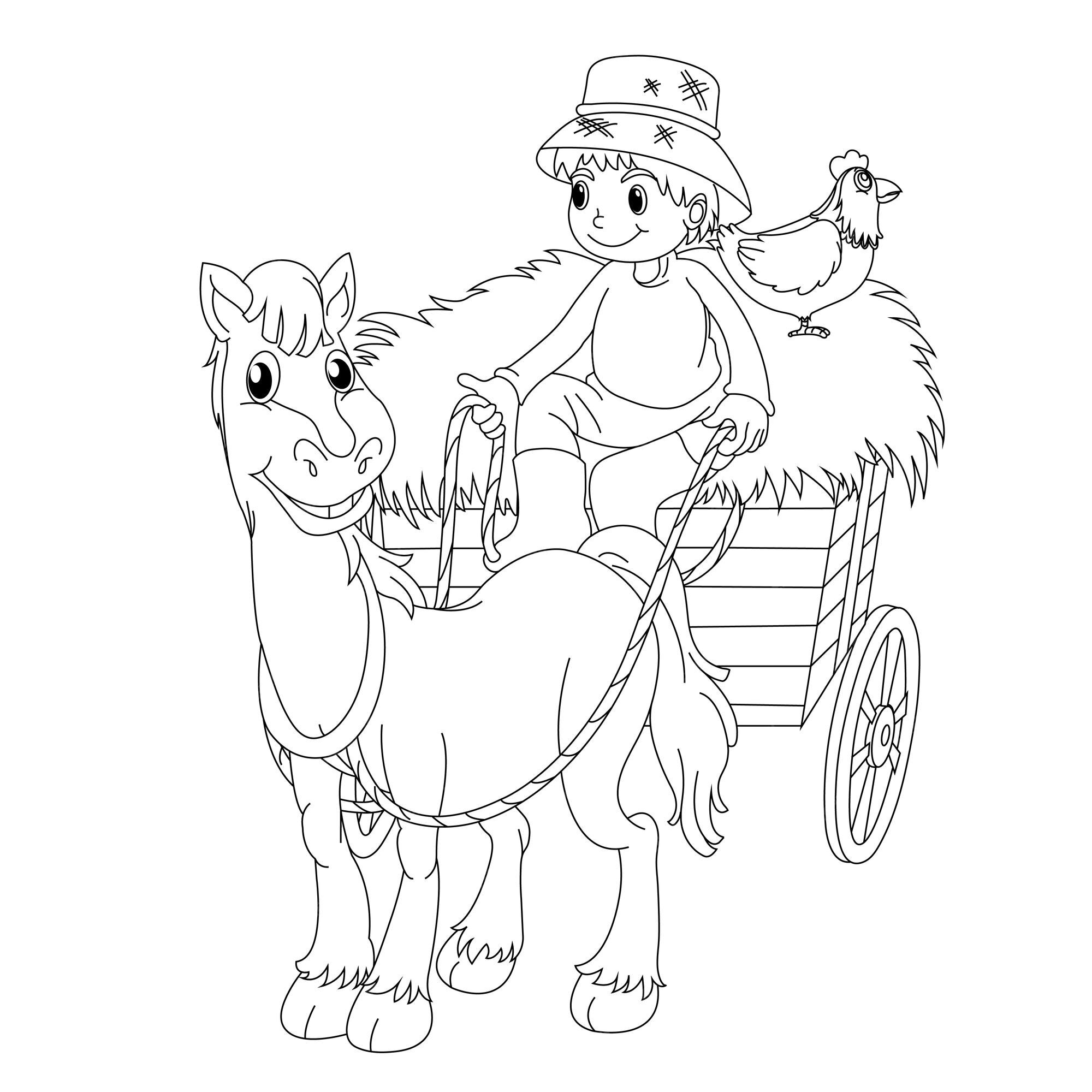 Premium vector a boy riding a cart with a camel and a bird on it