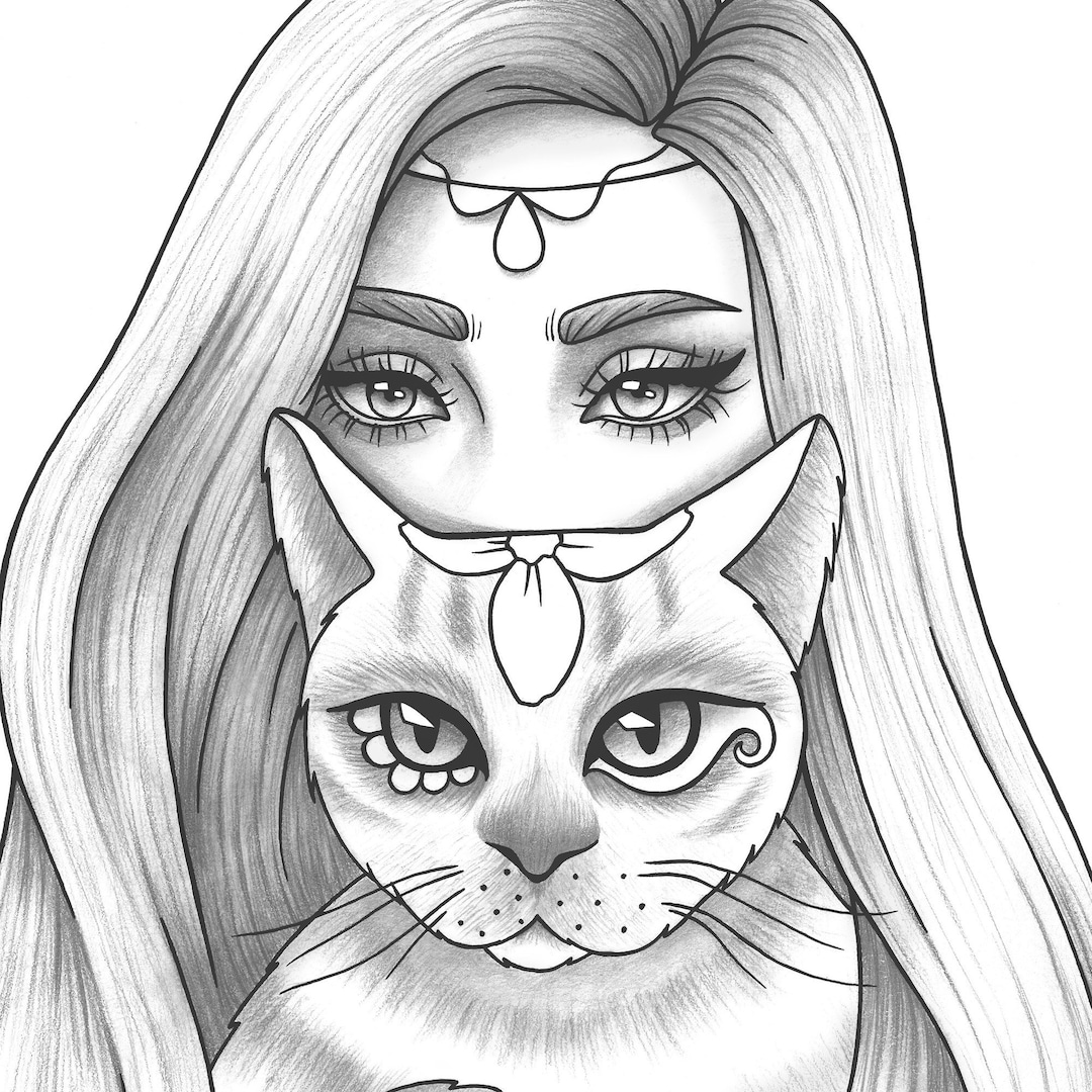 Printable coloring page girl portrait and cat colouring sheet animals pdf adult anti