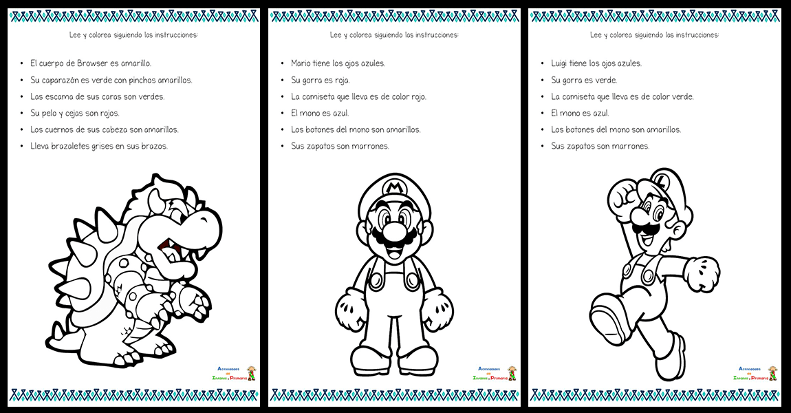 Colorea los personajes de super mario bros siguiendo las instrucciones