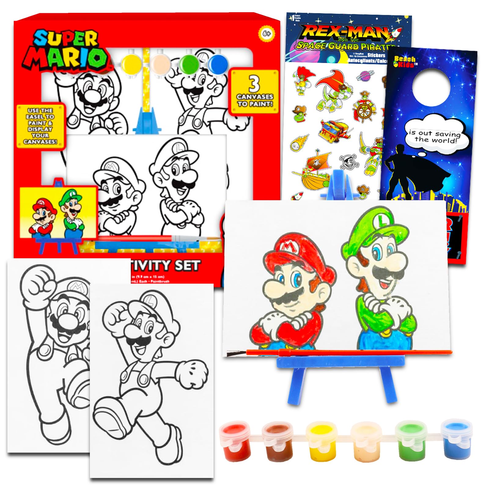 Super mario set de arte para niãos â paquete con suministros de arte de mario con lienzos caballete calanãas de pintura plus y mãs regalos de super mario para niãos