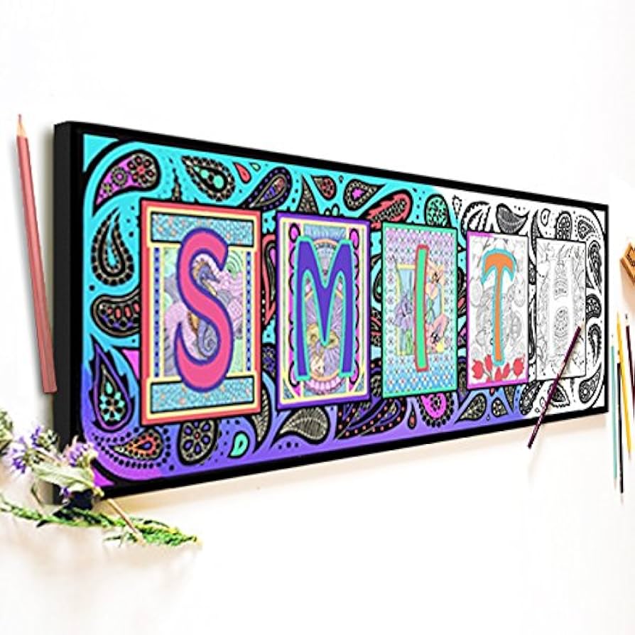 Personalized adult coloring name art print wood block mount