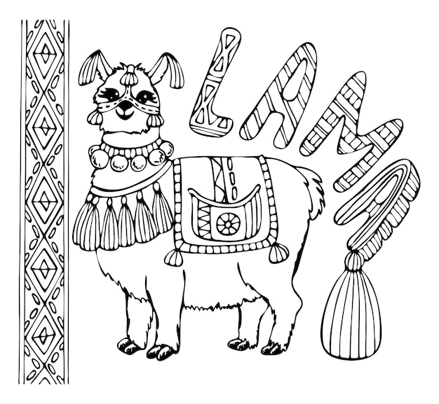 Premium vector coloring book lama with peruvian ornaments alpaca peru hand drawn vector line art coloring page for children and adults