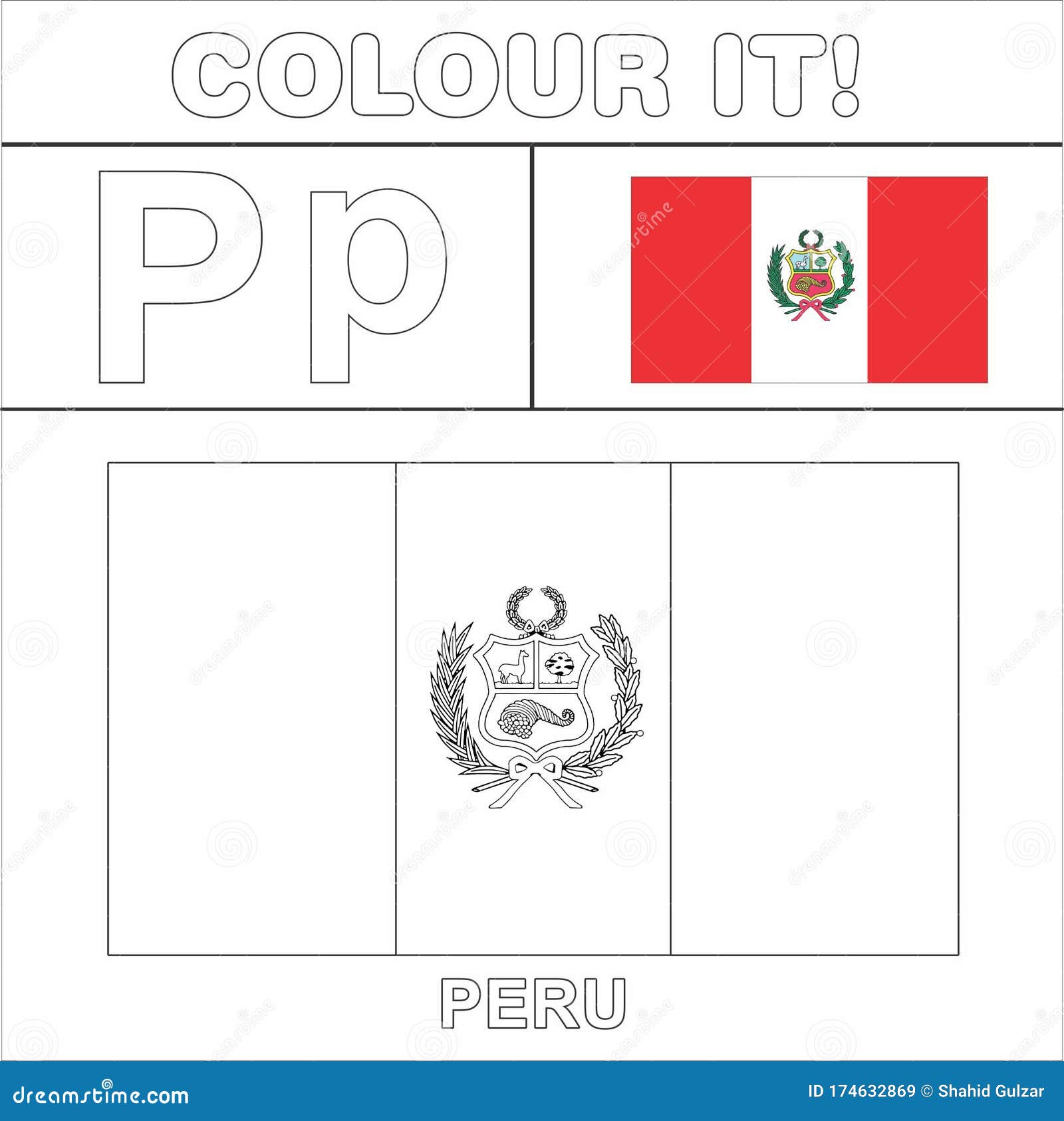 Colour it kids colouring page country starting from english letter p peru how to color flag stock illustration