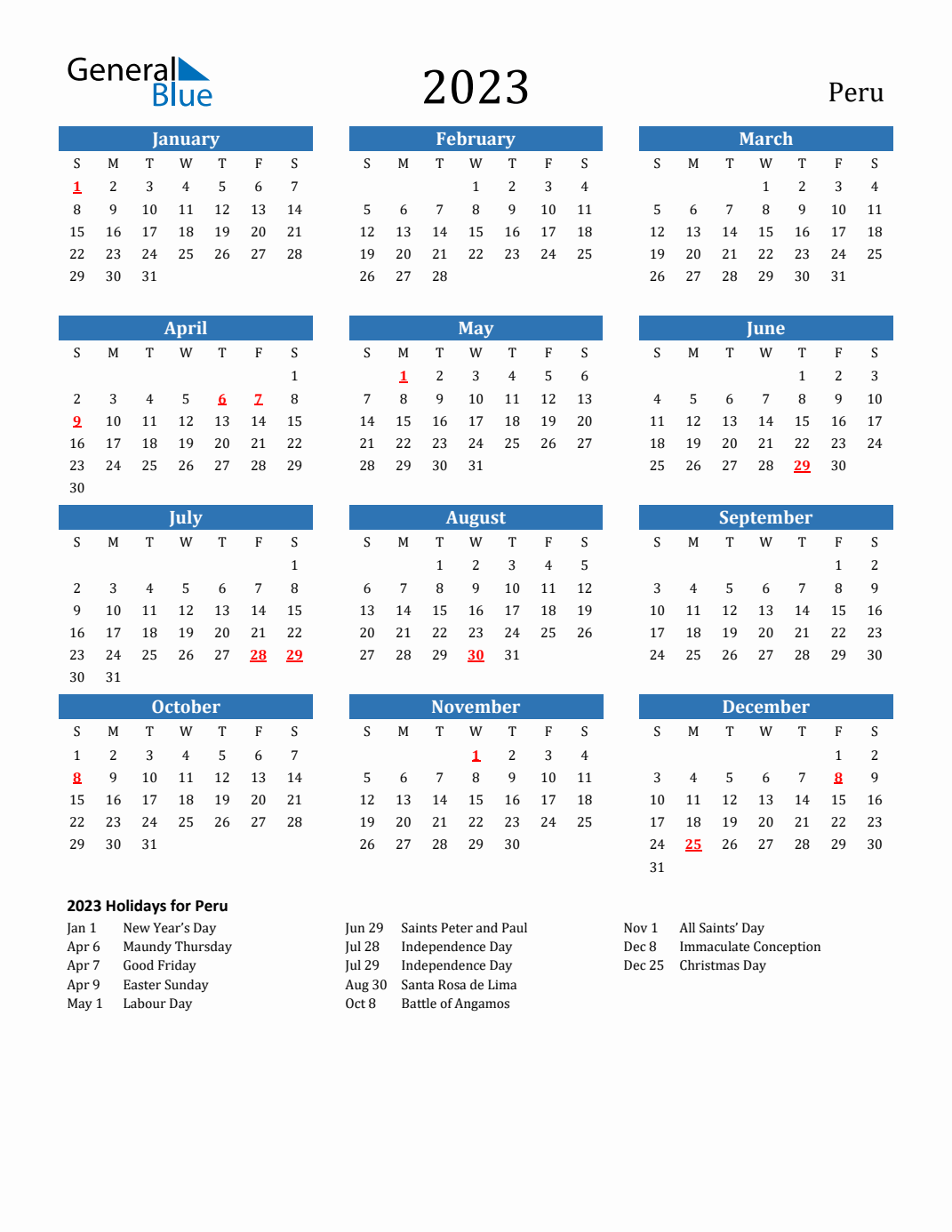 Peru calendar with holidays