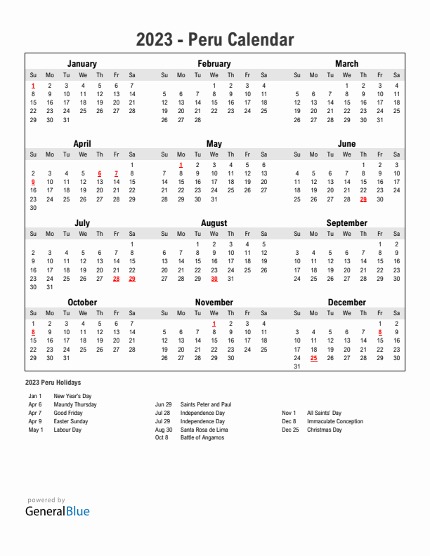 Peru calendar with holidays