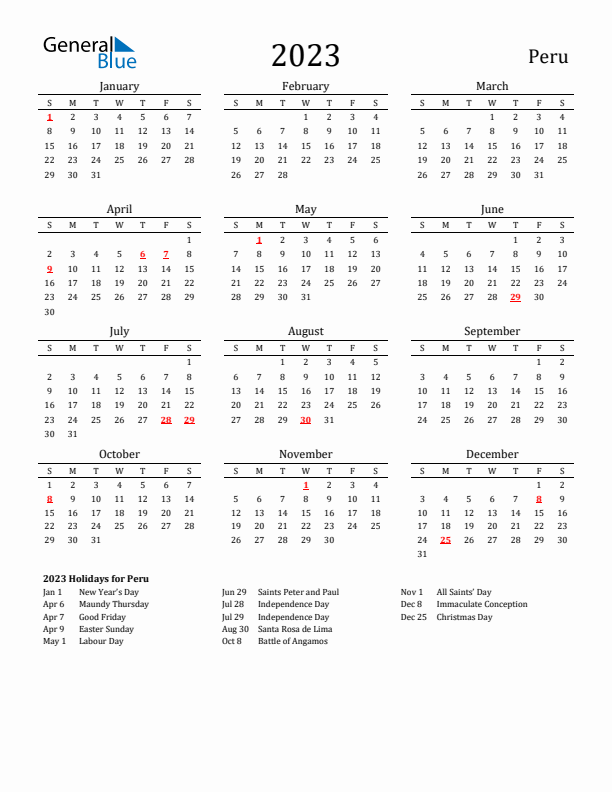 Peru calendar with holidays