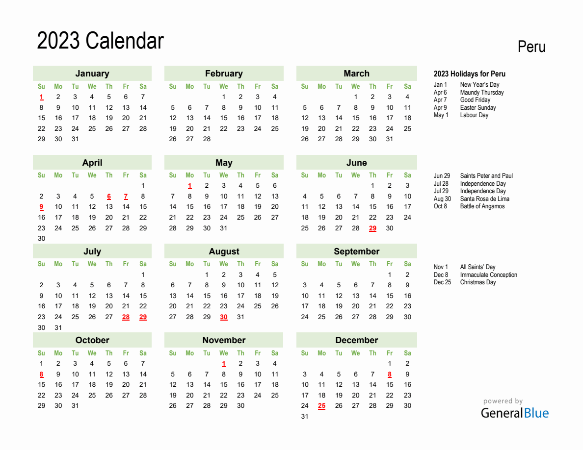 Holiday calendar for peru sunday start