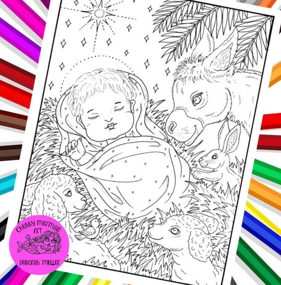 Manger christmas coloring page pdf digital download christmas page baby jesus animals coloring for all ages instant download