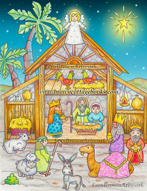 Doll house coloring page manger animals instant download line art printable nativity dollhouse by fern brown hand