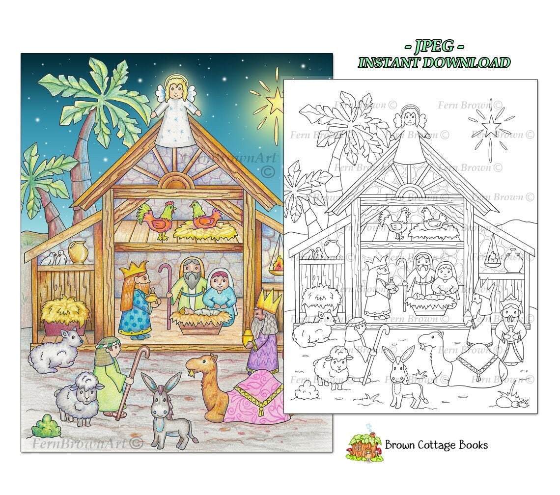 Doll house coloring page manger animals instant download line art printable nativity dollhouse by fern brown hand