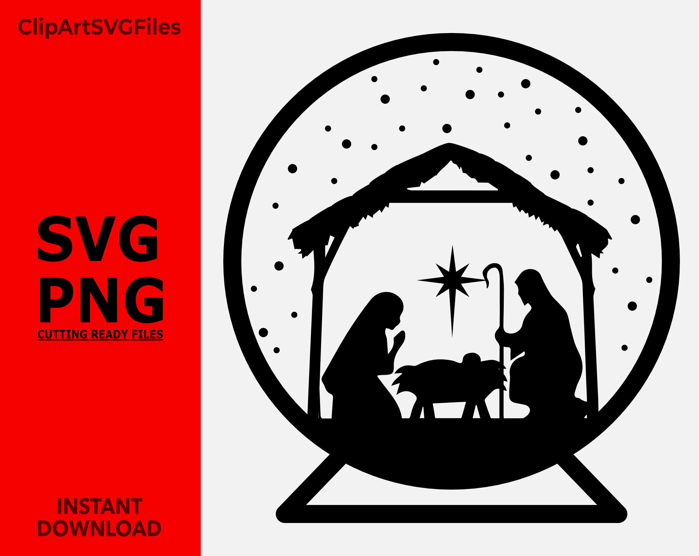 Christmas clipart nativity manger scene of baby jesus his family star black silhouette snow globe holiday svg png digital download