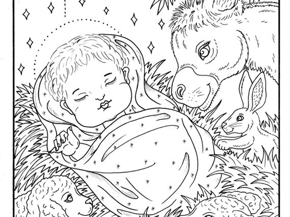 Manger christmas coloring page pdf digital download christmas page baby jesus animals coloring for all ages instant download