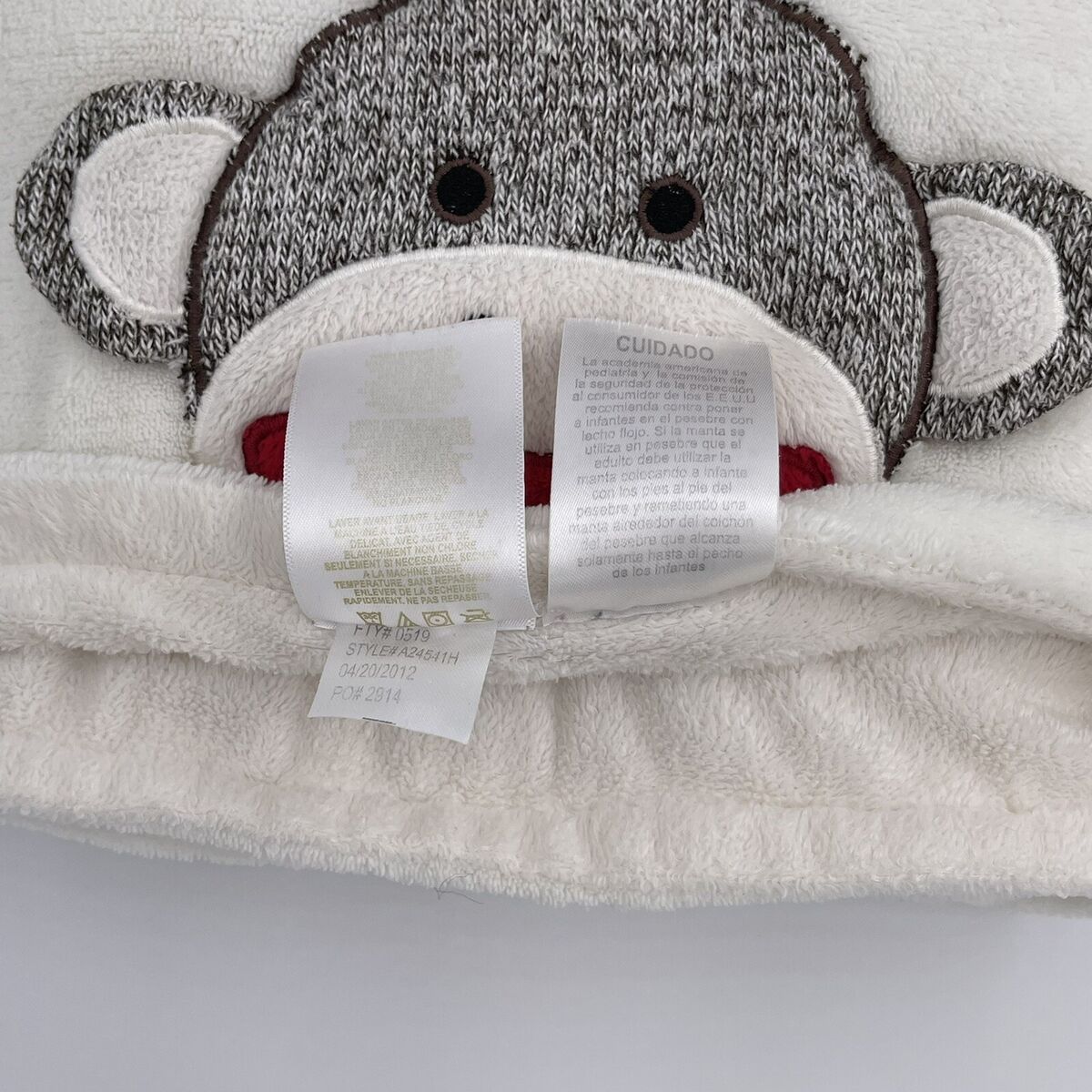 Baby starters white sock monkey face blanket d ears x