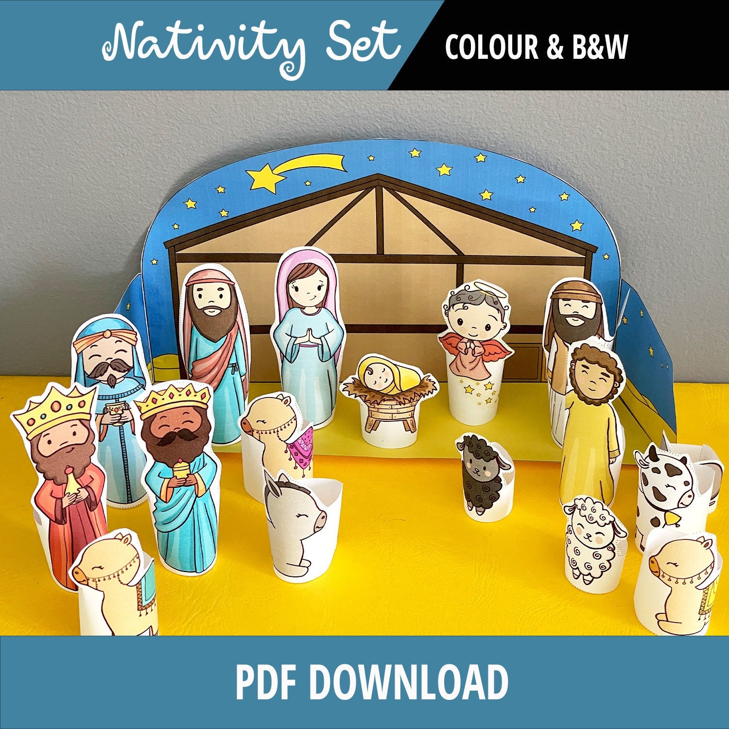 Printable nativity set characters and finger puppets pdf download christmas party favor kids craft christmas craft christian craft