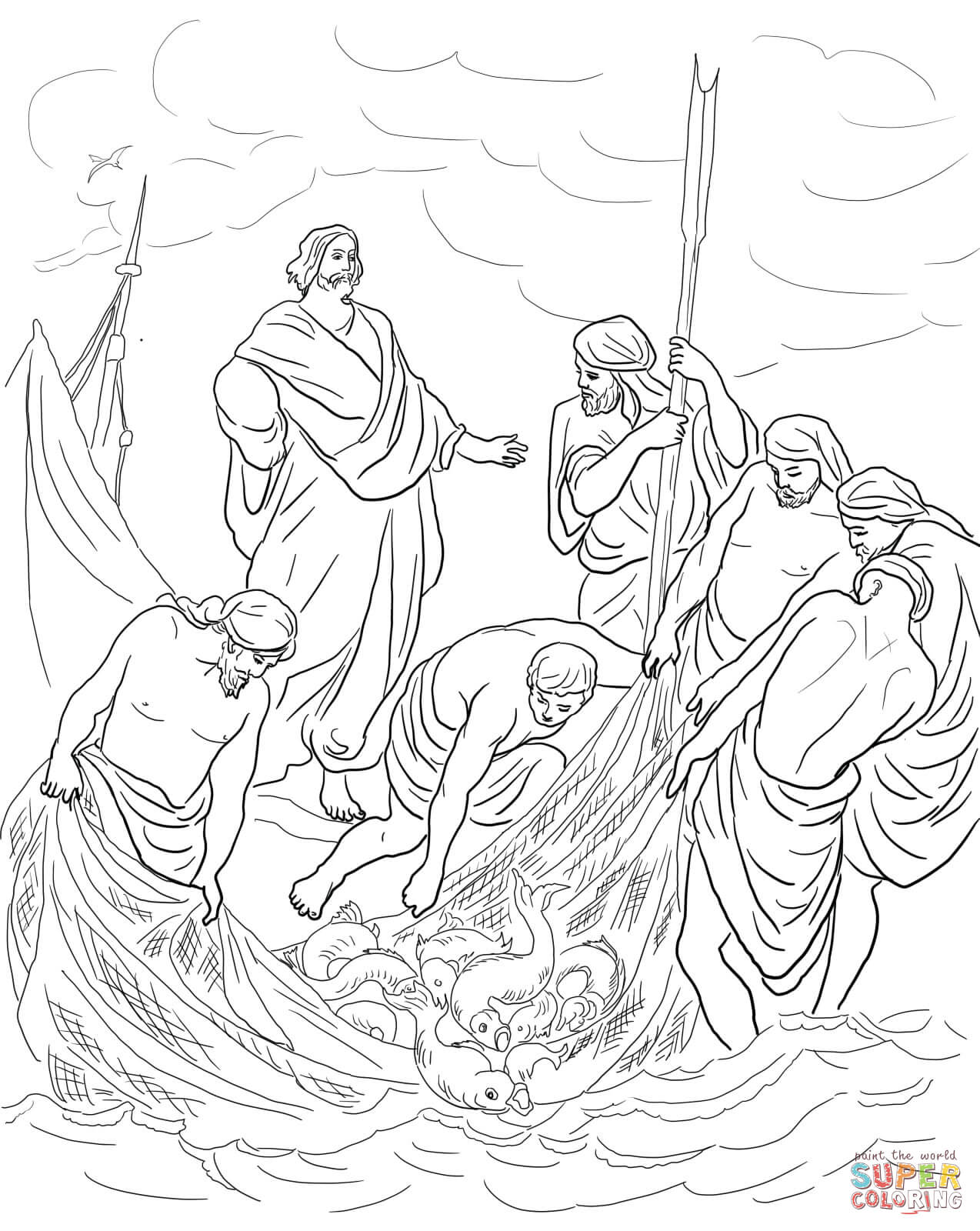 Jesus and the miraculous catch of fish coloring page free printable coloring pages